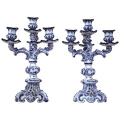 Antique Pair of 19th Century French Blue and White Delft Style Four-Arm Candleholders