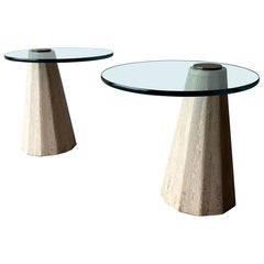 Modernist Side Tables by La Rosa Milano in Travertine and Brass, 1970s