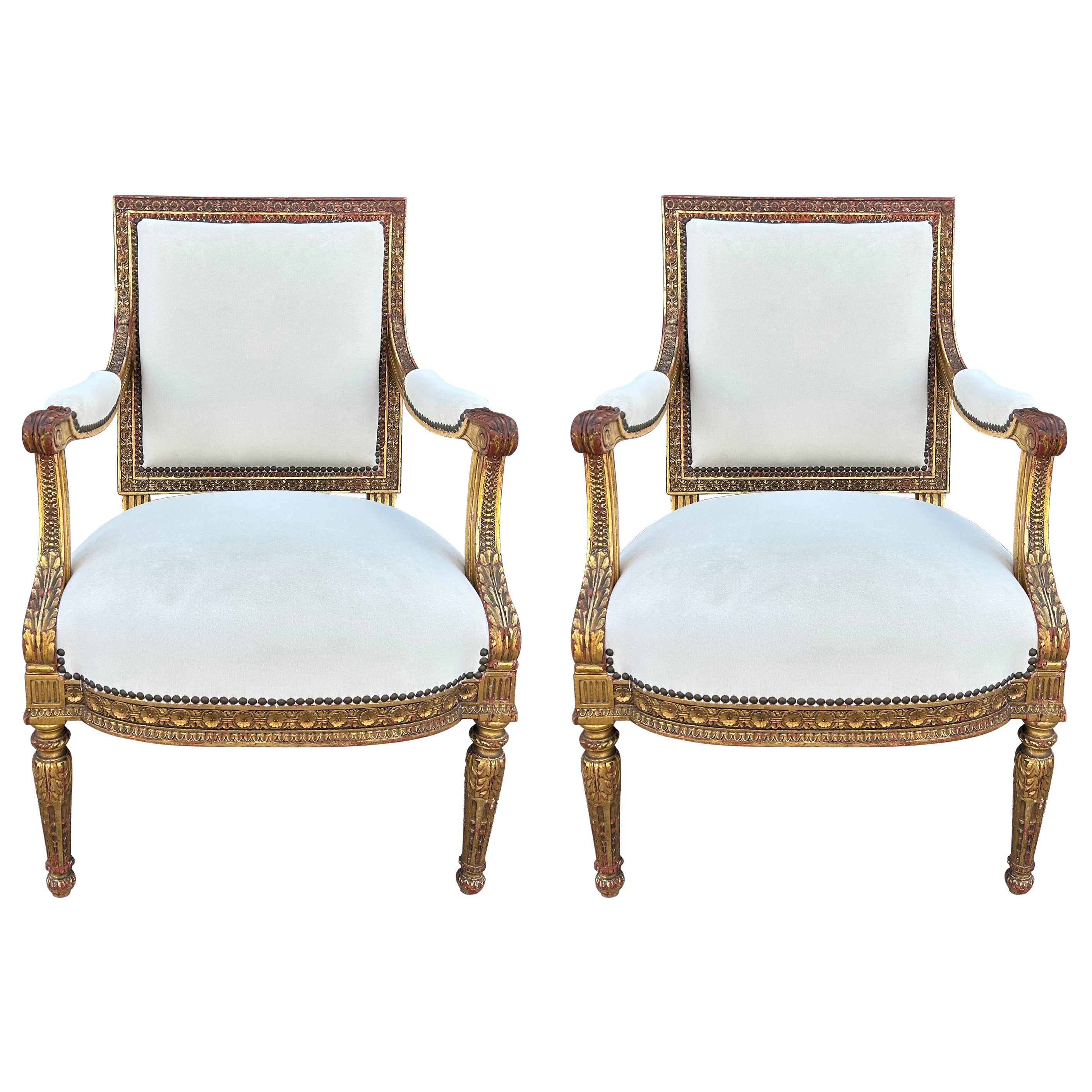 Pareja De Sillas De Madera Dorada Estilo Luis XVI Italianas Del Siglo XIX