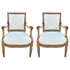 Pareja De Sillas De Madera Dorada Estilo Luis XVI Italianas Del Siglo XIX
