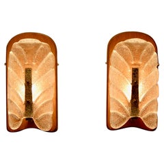 Vintage J.T. Kalmar Pair of Mid-Century Modern Wall Sconces in Molded Glass and Wood
