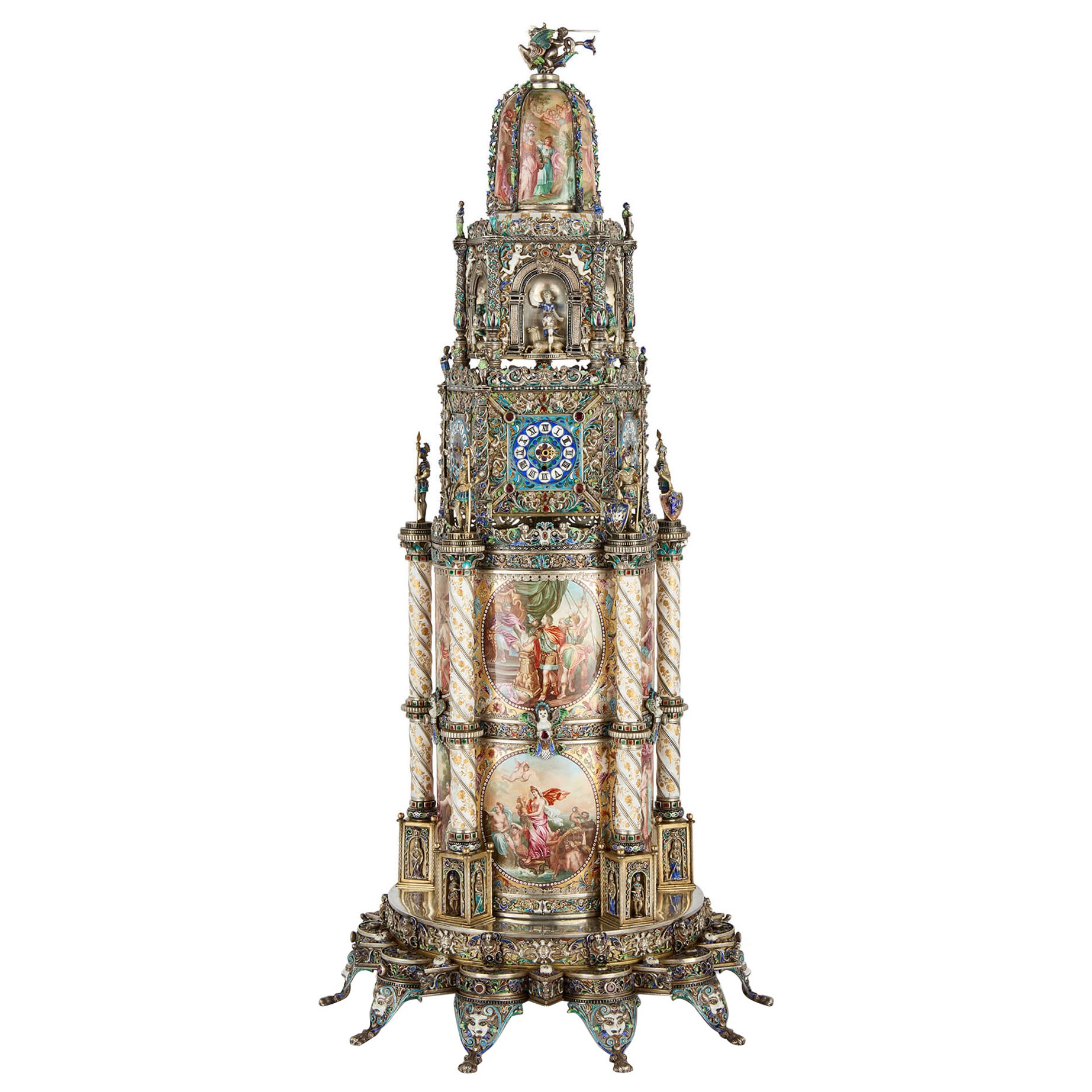Large Austrian Renaissance Revival Silver and Enamel Clock by Hermann Böhm