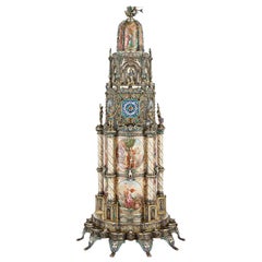 Large Austrian Renaissance Revival Silver and Enamel Clock by Hermann Böhm