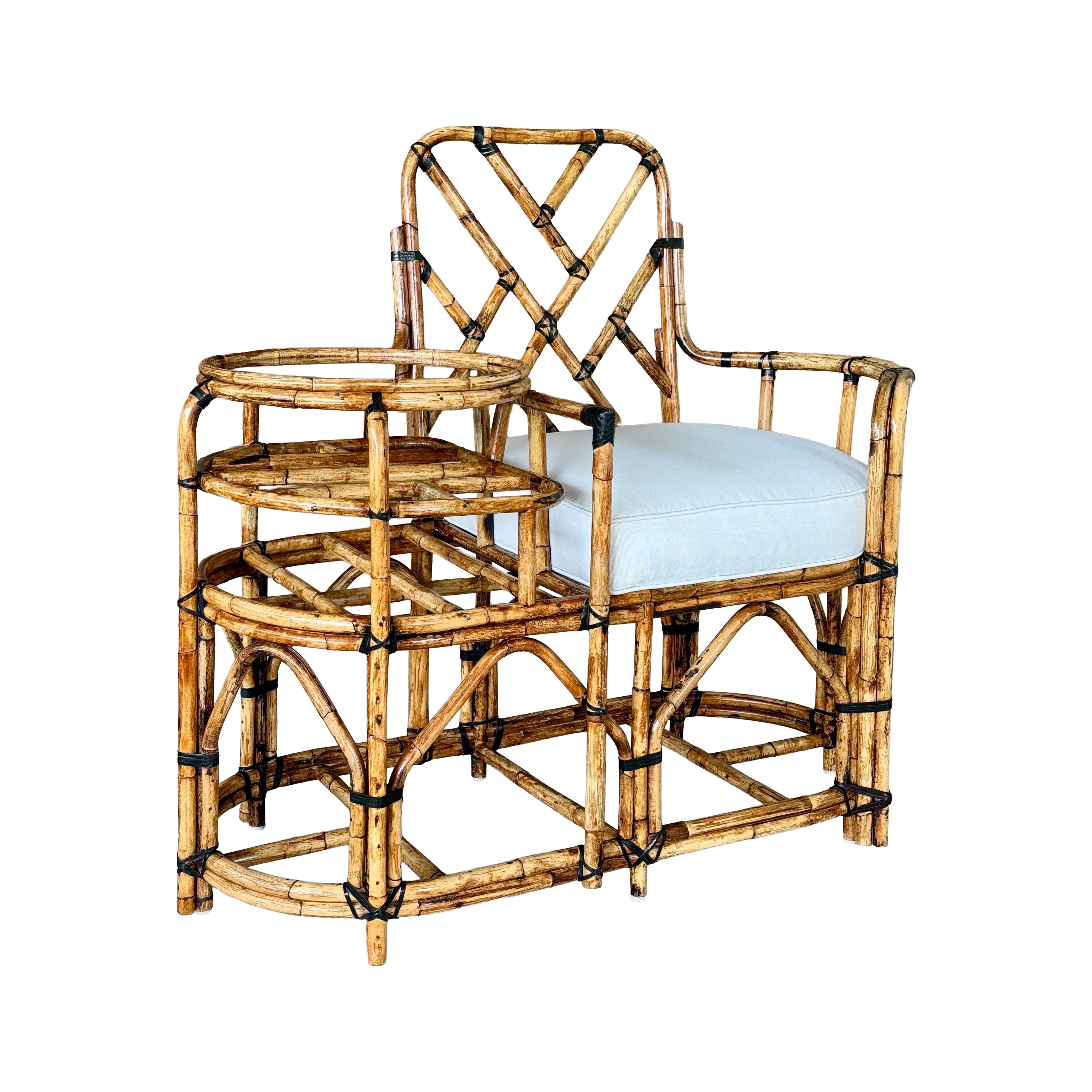 Mid-20th Century Restored Rattan Settee With Built-in Side Table and New Custom For Sale