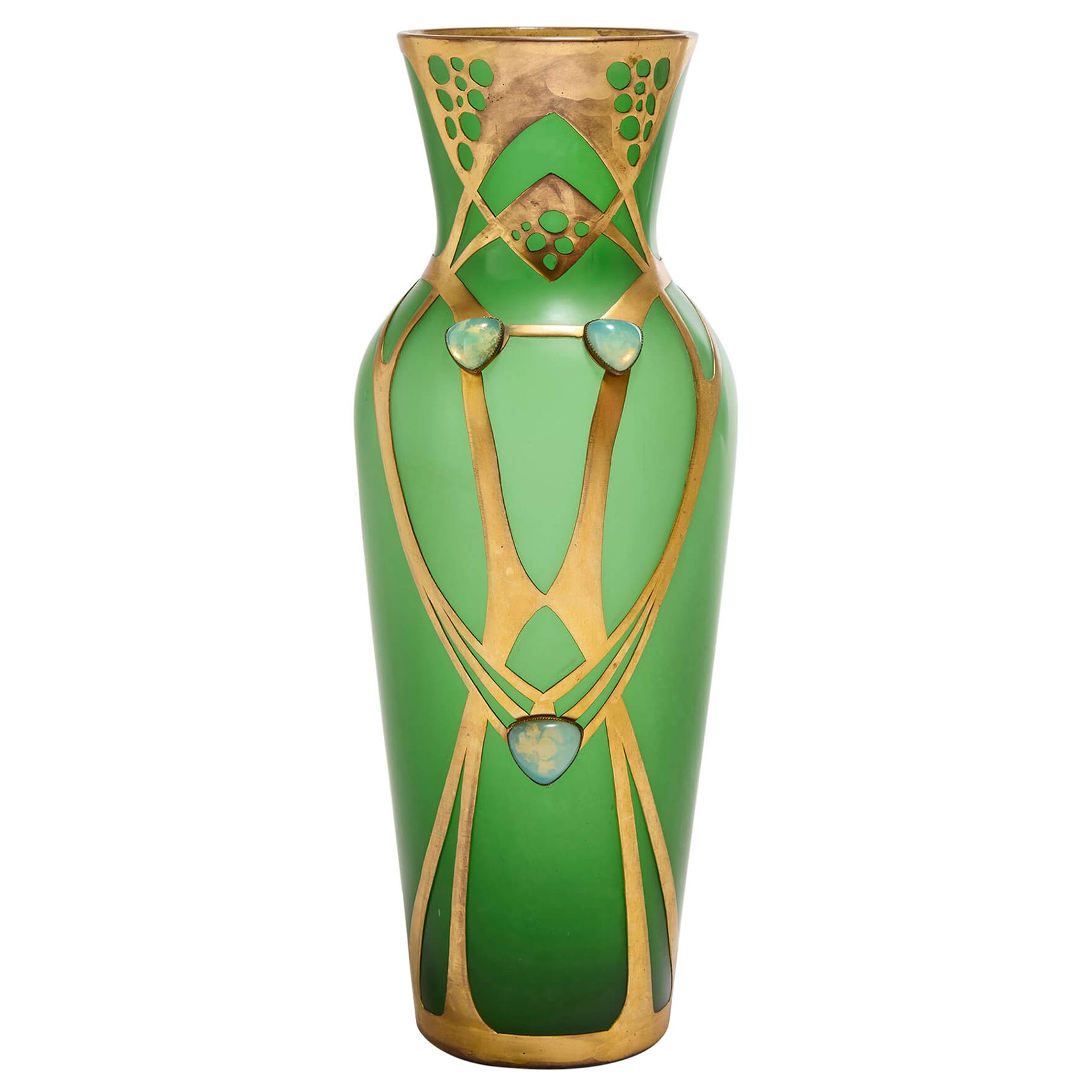 Austrian Art Nouveau Jugendstil Gilt Metal Mounted Green Glass Vase