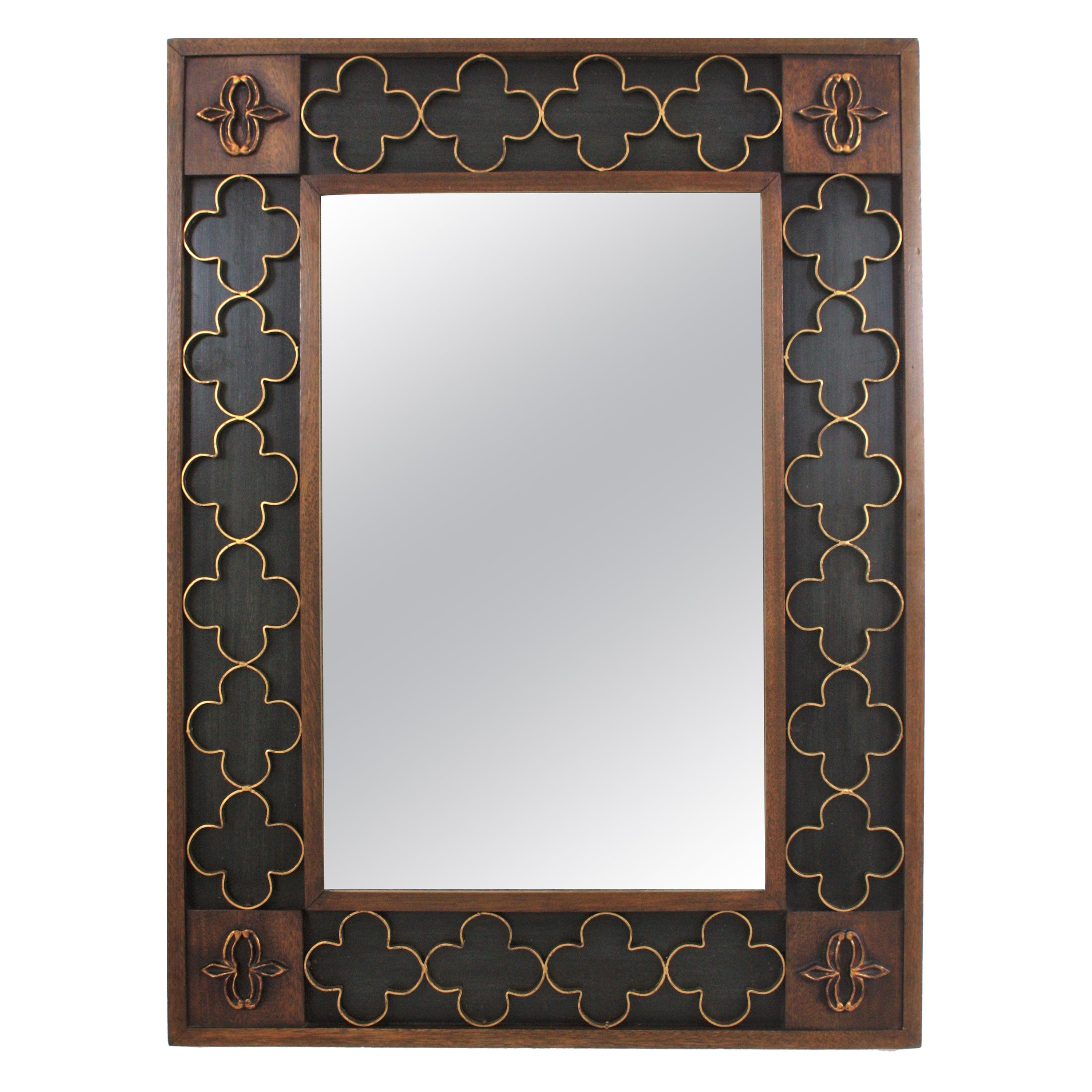 Spanish Colonial Rectangular Mirror with Gilt Iron Rosettes Frame, 1950s