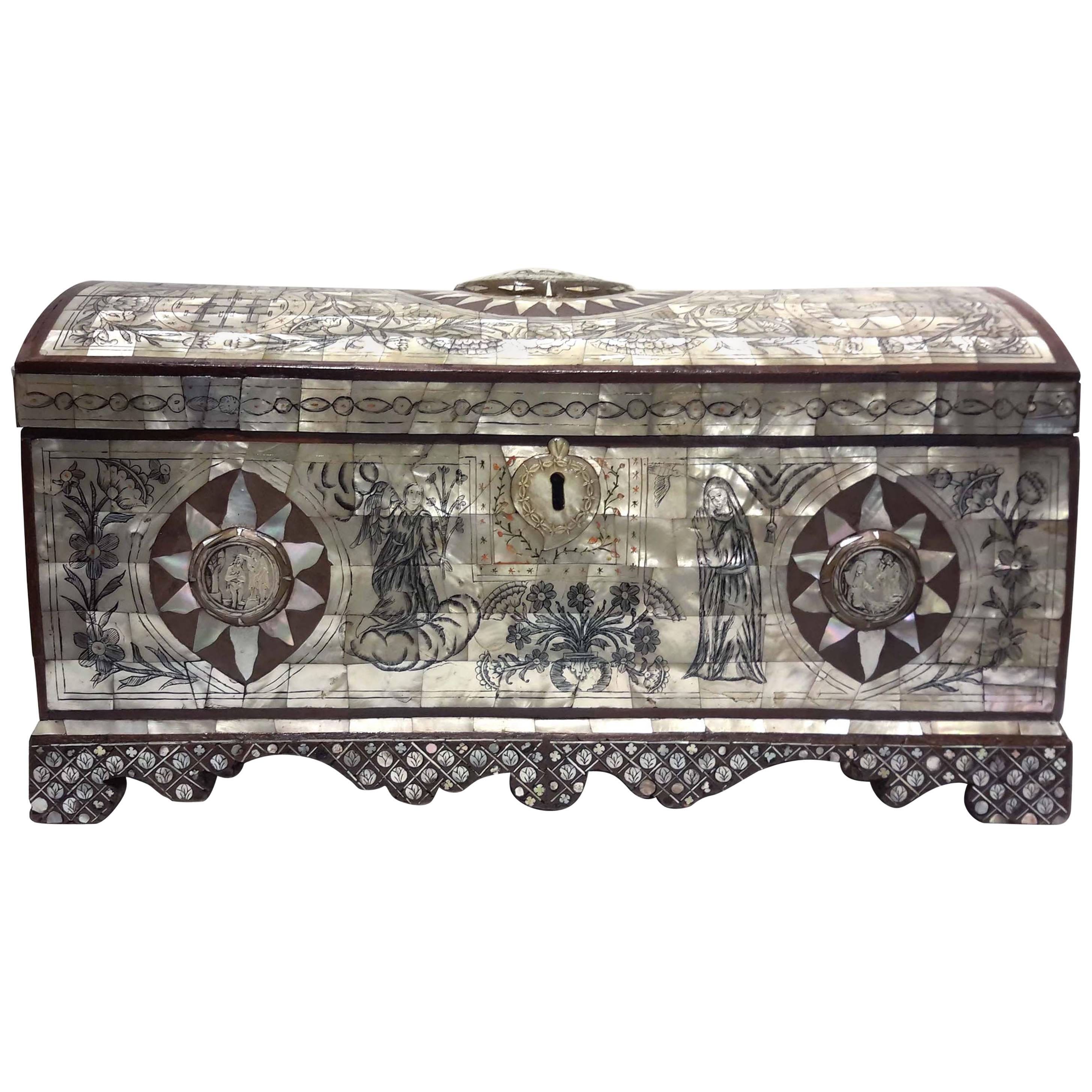 Rare Mother-of-Pearl Decorated Reliquary Coffer, Jerusalem, 18th Century