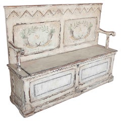 Vintage 1950s Rustic Bench with Polychrome Interior Storage Trunk with Garlands