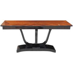 French Art Deco Tri Legged Exotic Macassar Ebony Console Table, Black Lacquer