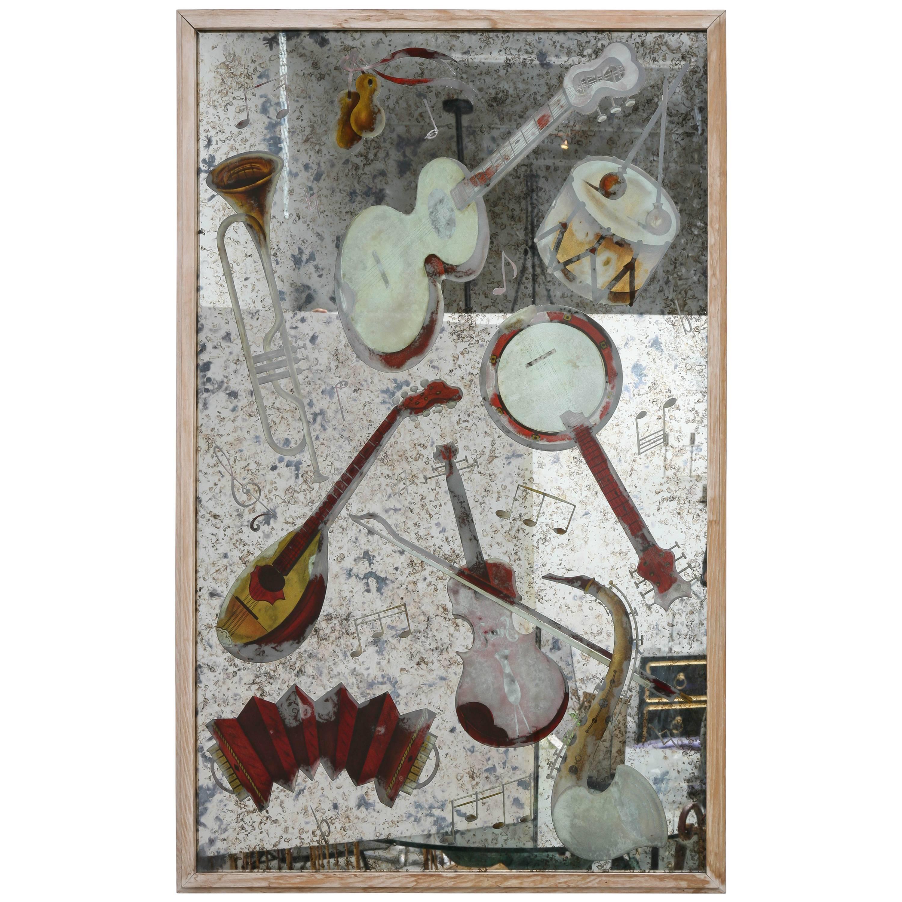 French Reverse Painted Mirrored Panel with Musical Instruments For Sale