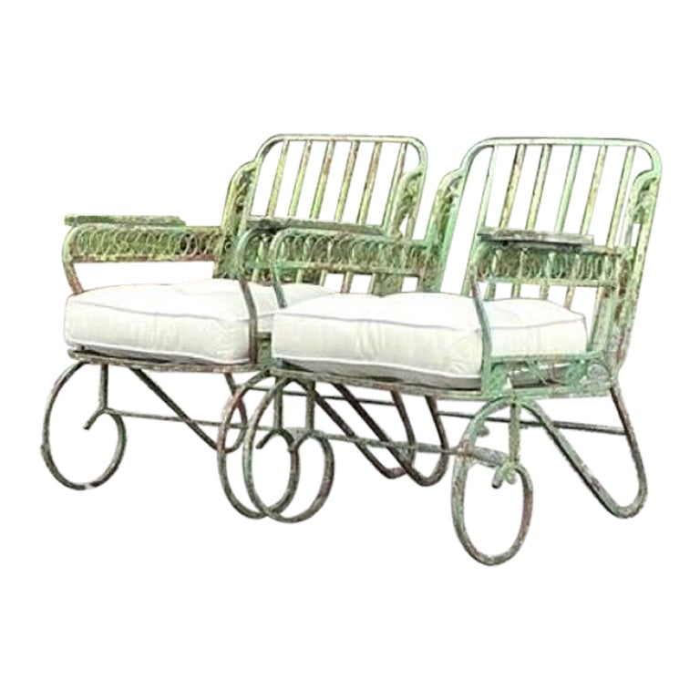 Vintage Regency Patinated Wrought Iron Trellis Lounge Chairs - A Pair