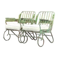 Vintage Regency Patinated Wrought Iron Trellis Lounge Chairs - A Pair