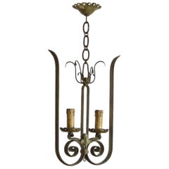 Antique Italian, Milano, Wrought Iron & Faded Green Painted 2-Light Pendant, ca. 1920's