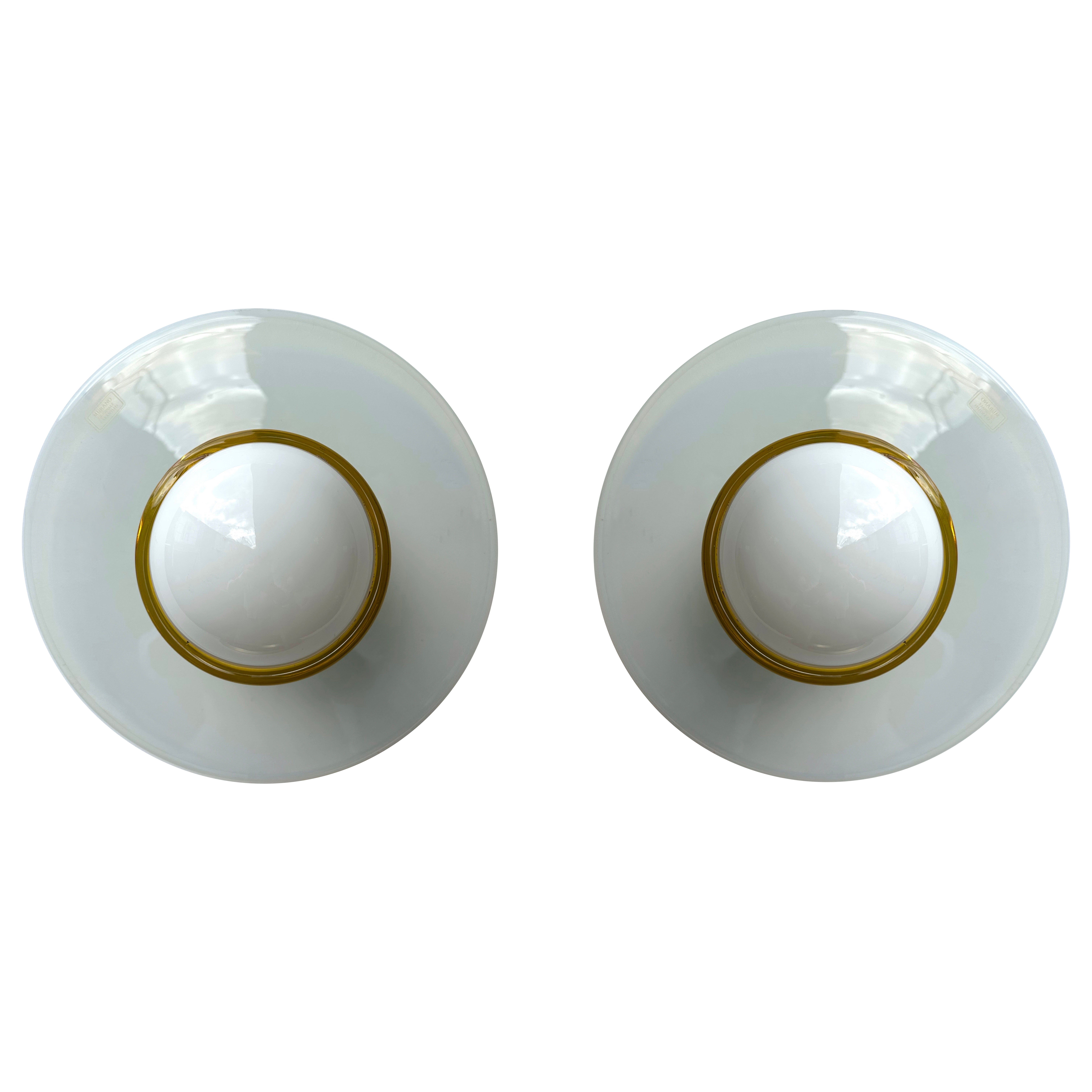 Pair of Sconces Opal Murano Glass Disc by I TRE, Italy, 1970s