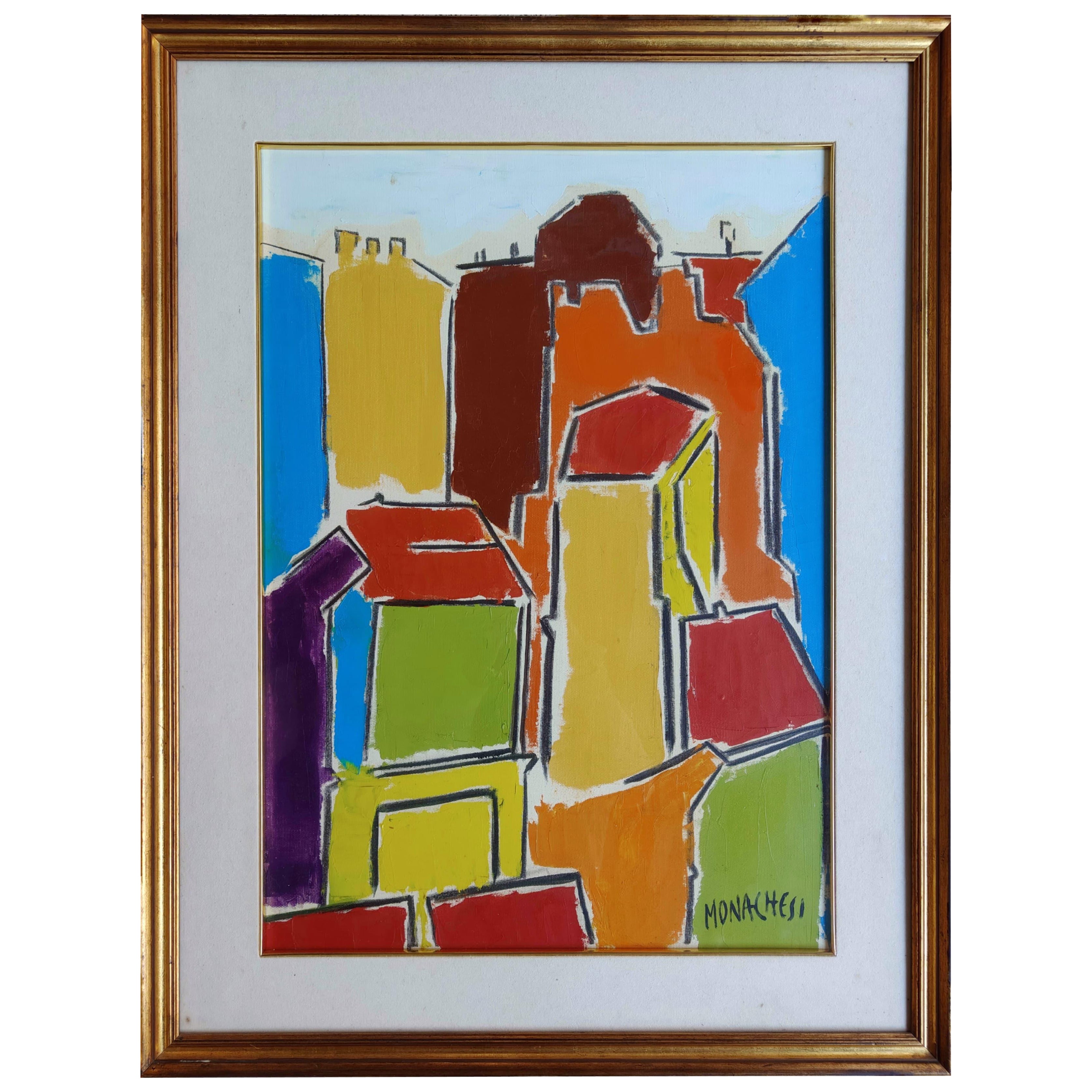 Sante Monachesi, olio su tela, "Scorcio cittadino", Italia, anni '55-'65 For Sale