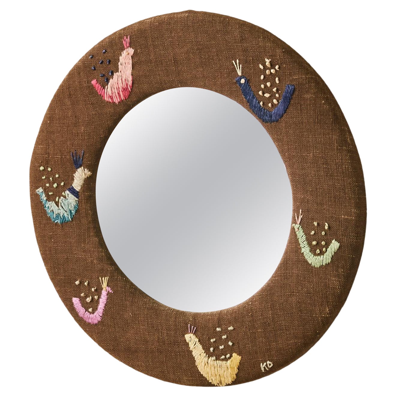 Swedish Round Embroidered Mirror For Sale