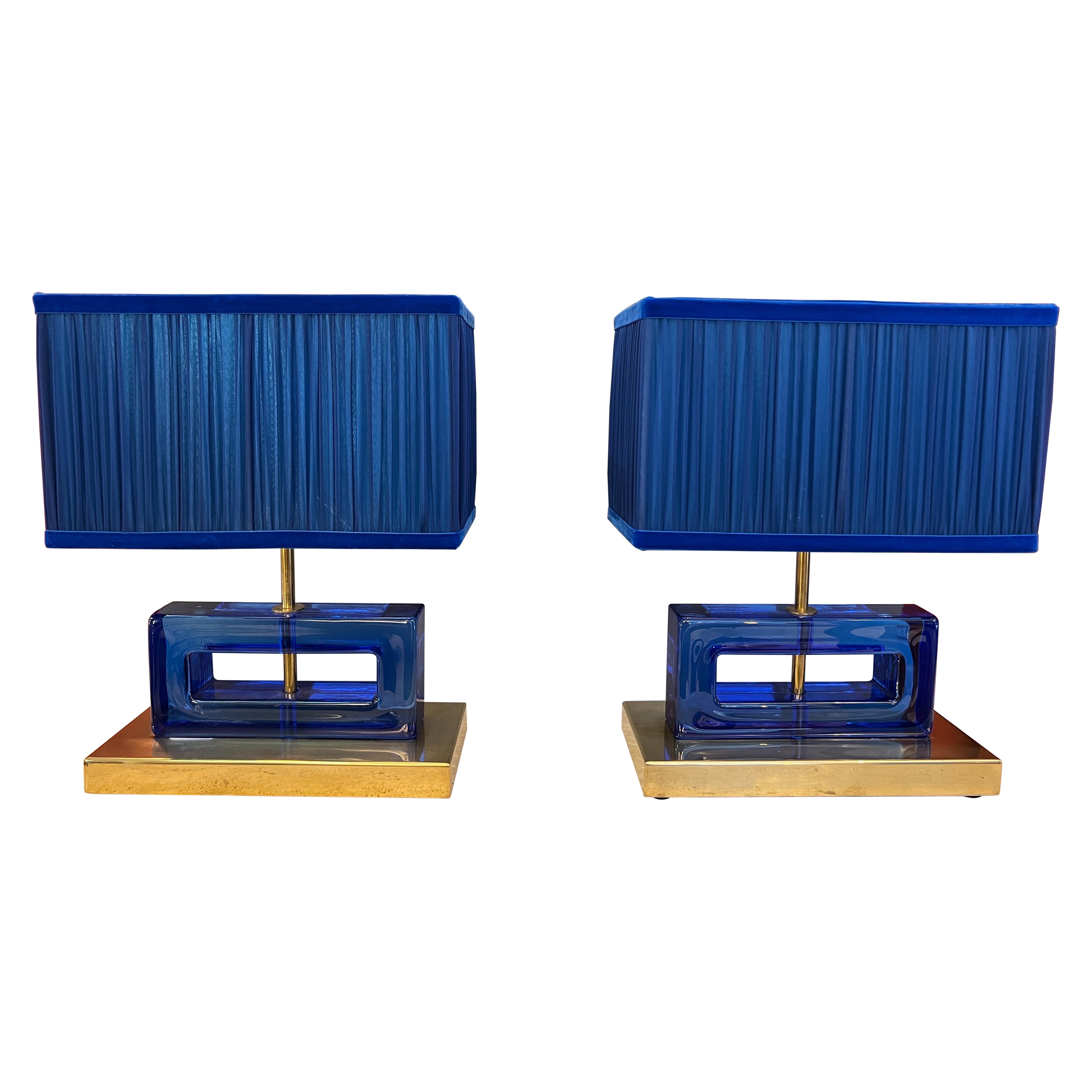 Pair of Blue Murano Glass Blocks Lamps with Our Double Color Lampshades, 1970s For Sale