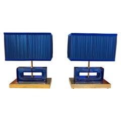 Pair of Blue Murano Glass Blocks Lamps with Our Double Color Lampshades, 1970s