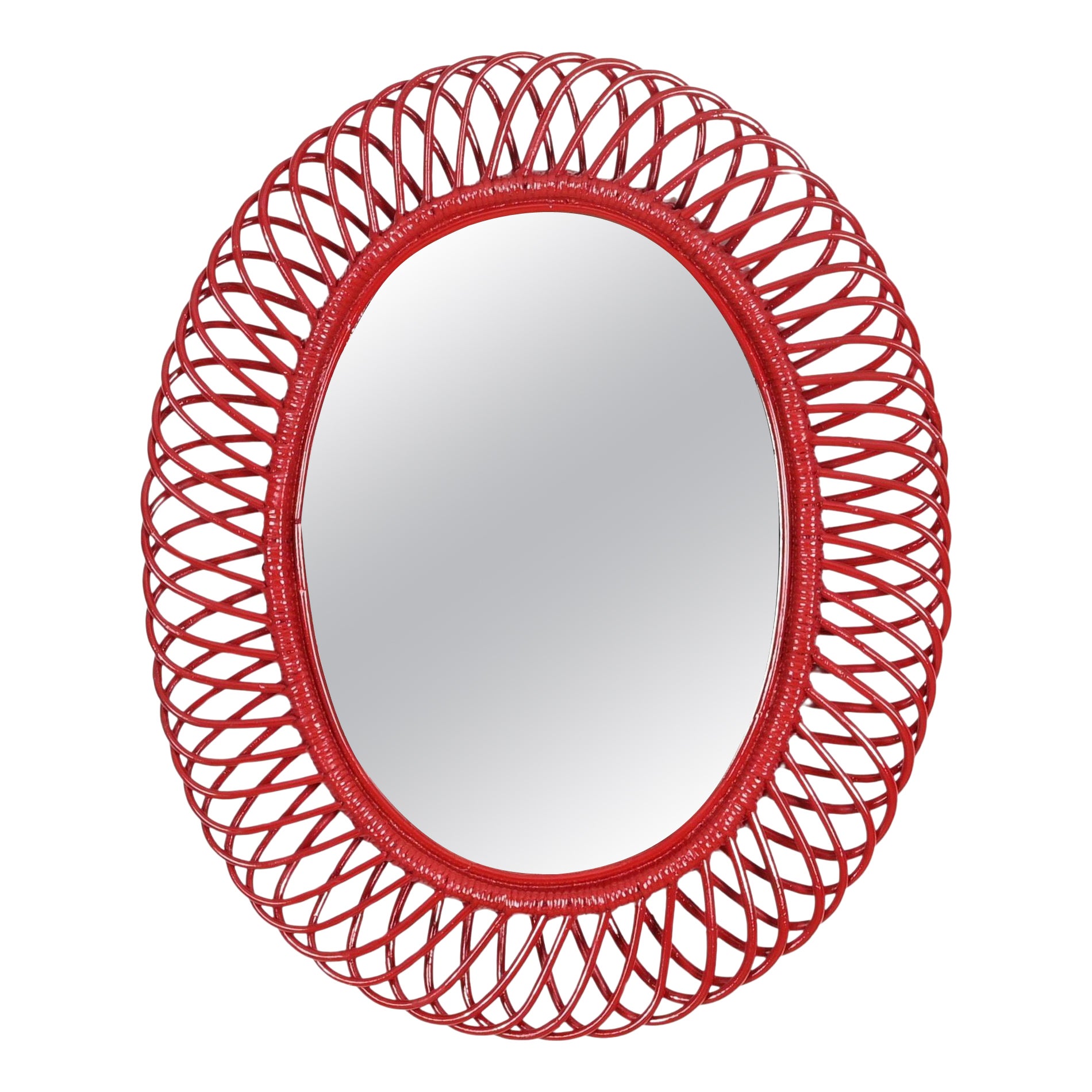 Franco Albini Oval Mirror in Rattan, Wicker, Bamboo, French Riviera, Italy 1960s