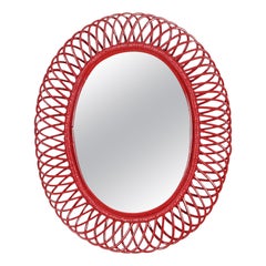 Franco Albini Oval Mirror in Rattan, Wicker, Bamboo, French Riviera, Italy 1960s