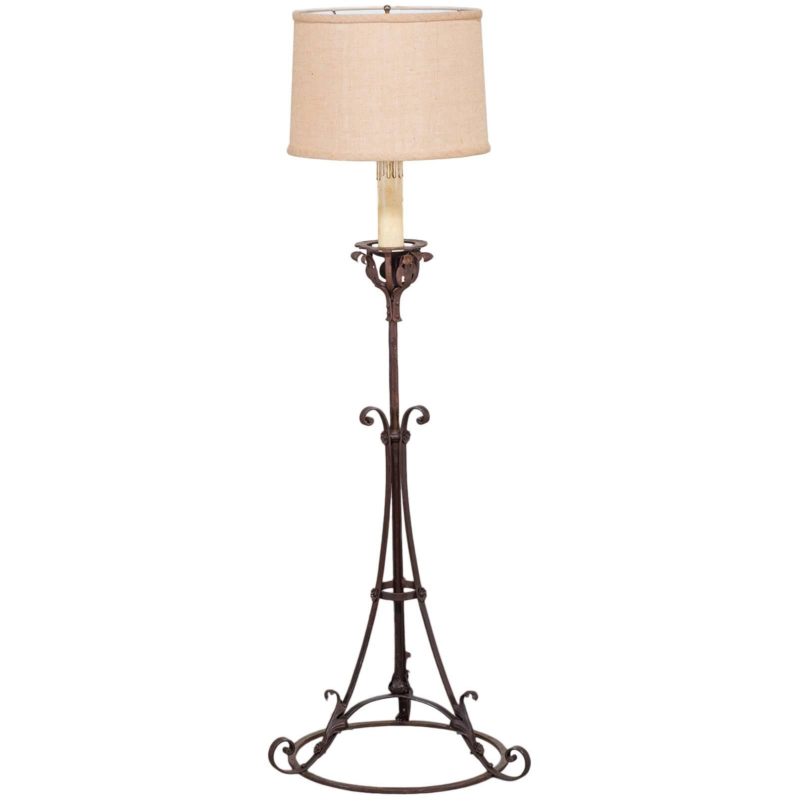 Antique French Forged Iron Candle Stand Floor Lamp, circa 1900 For Sale