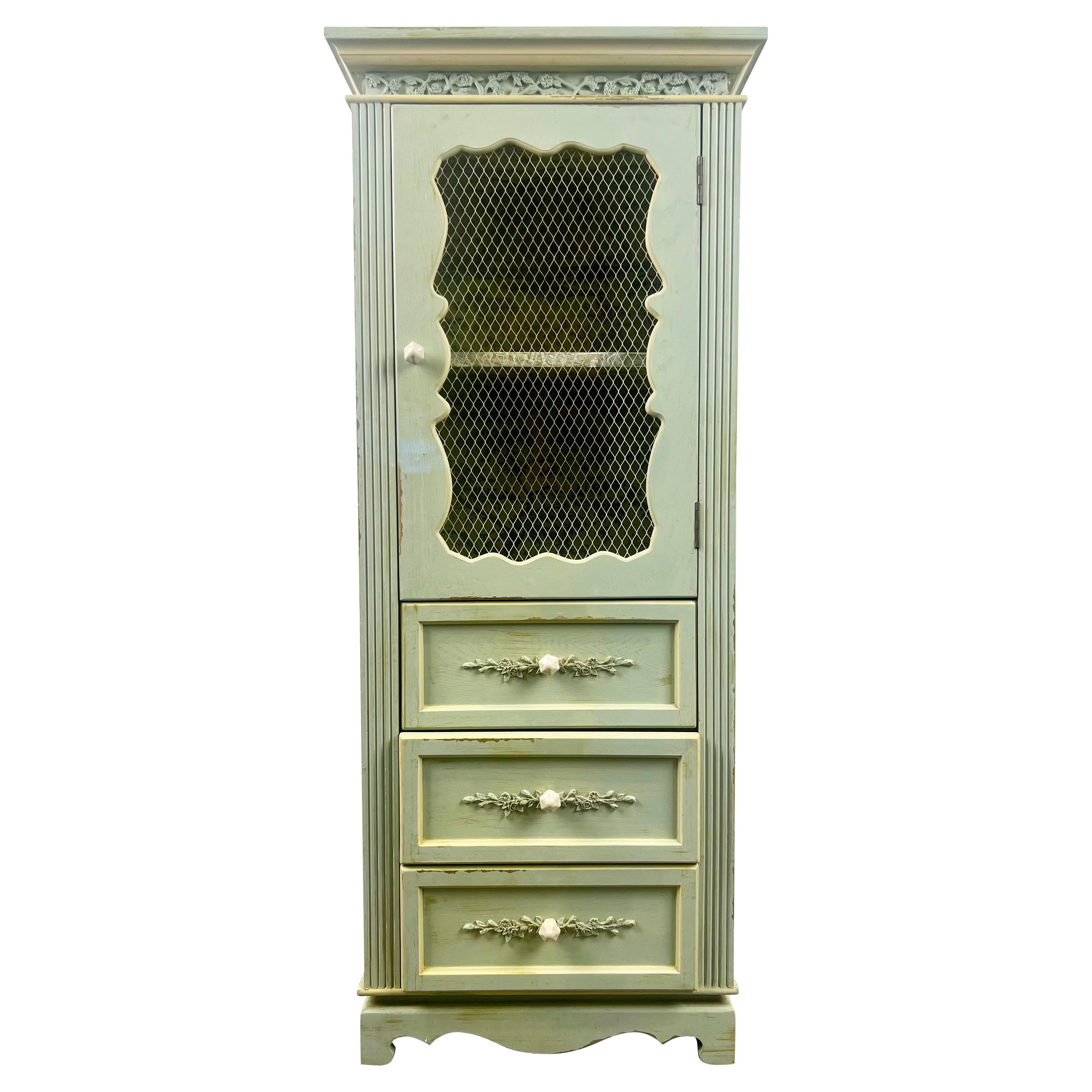 French Provincial Style Mid-Century Distressed Green Cabinet with Three Drawers For Sale