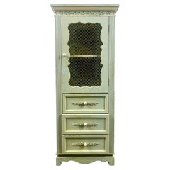 French Provincial Style Mid-Century Distressed Green Cabinet with Three Drawers