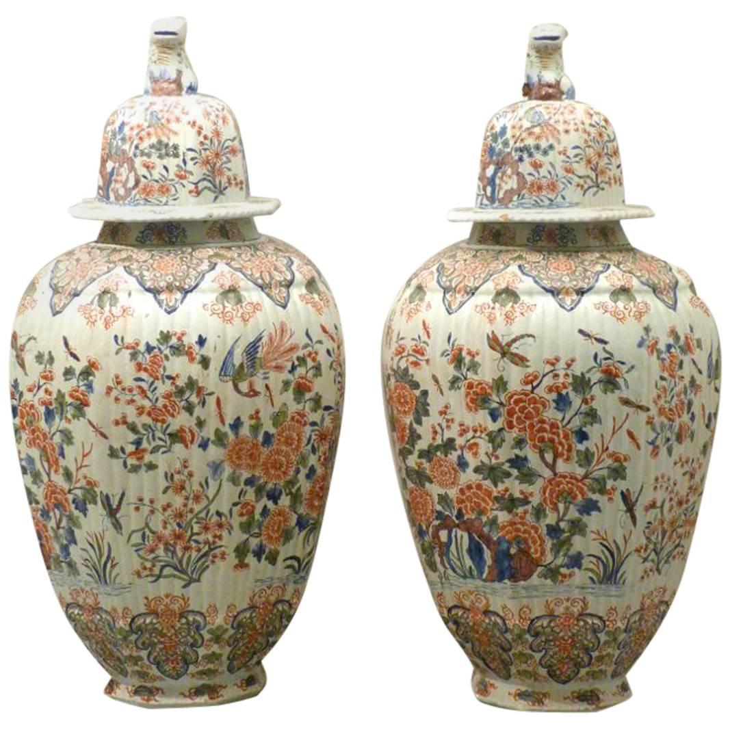 Fine Tall Antique Hand painted Blue Chinoiserie Birds & Flowers Imari Vases 1700
