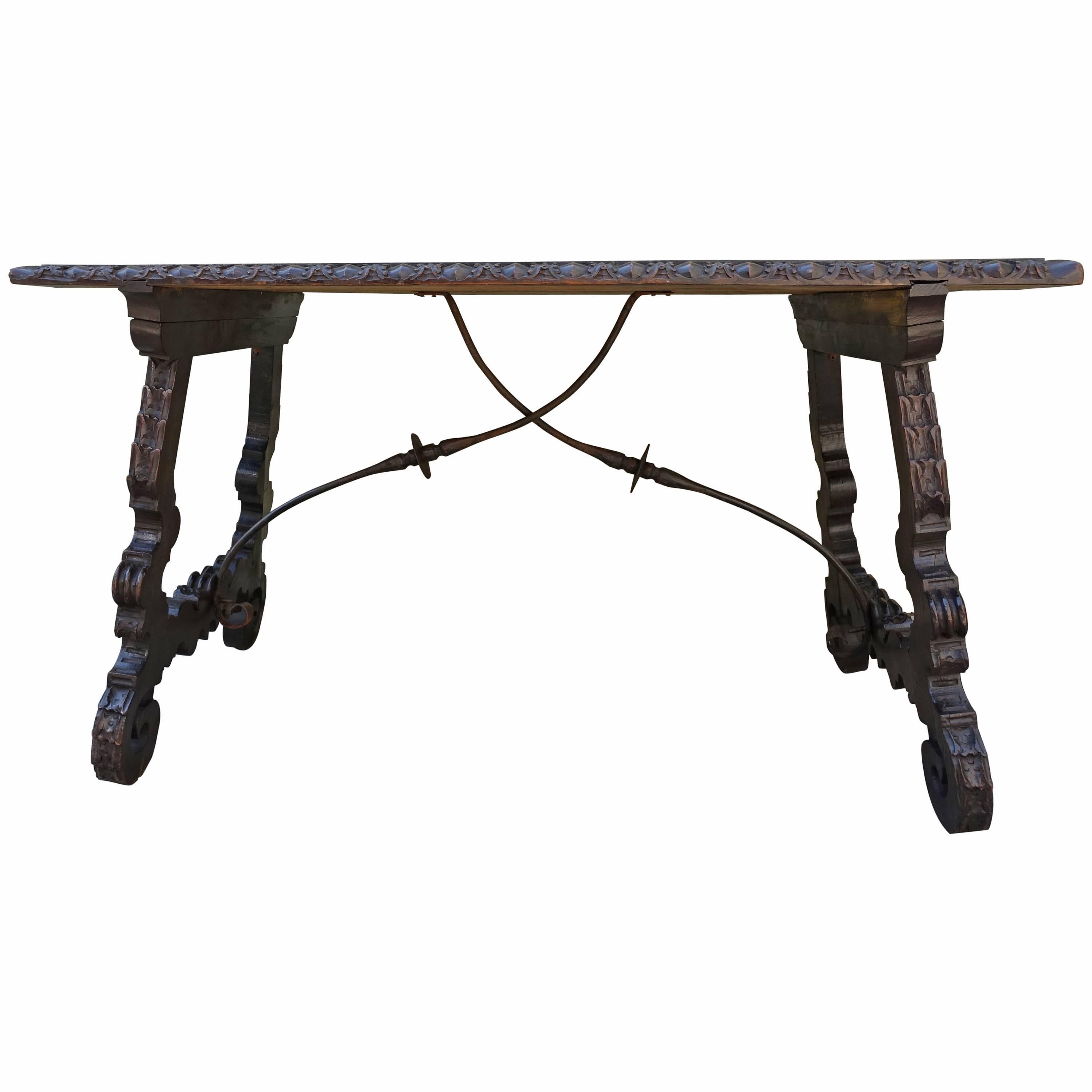 19th Century Spanish Walnut Table with Iron Stretcher