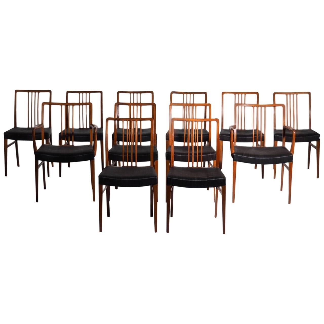 Twelve Dining Chairs in Mahogany with Black Horsehair Seats, circa 1950