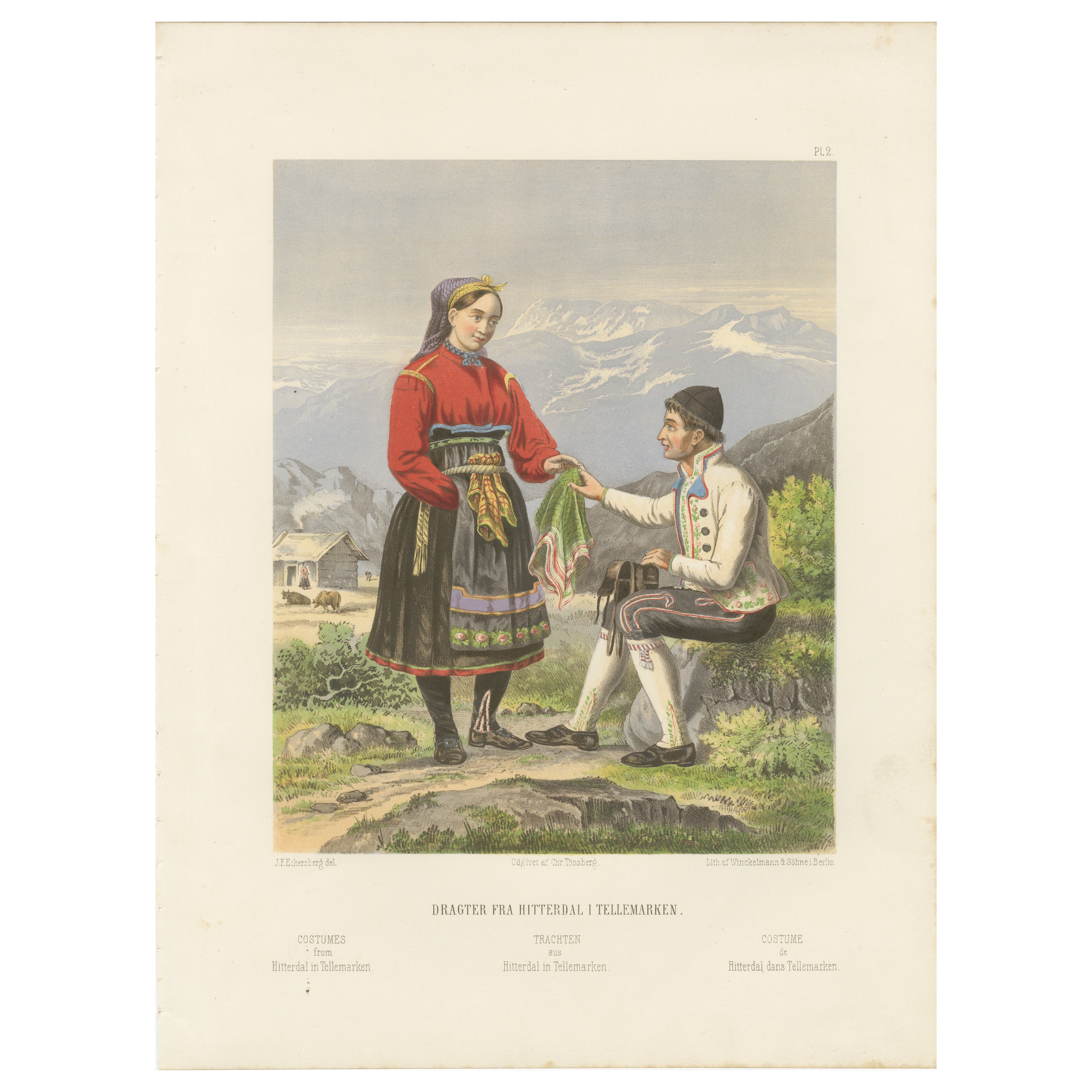 Antique Norwegian Costume Print – Hitterdal in Telemark, circa 1860s