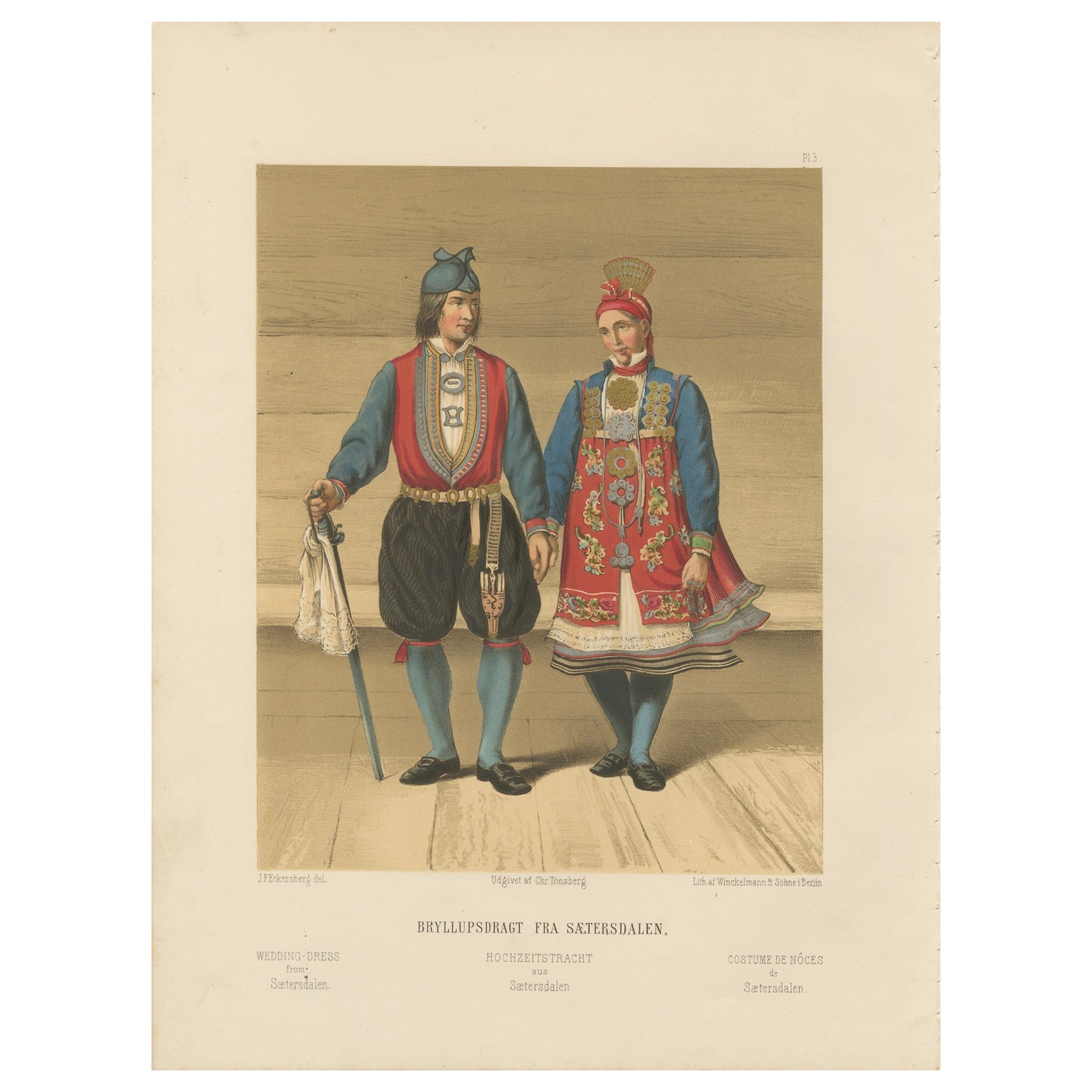 Norwegian Bridal Attire – Saetersdalen Couple in Wedding Dress, 19th Century