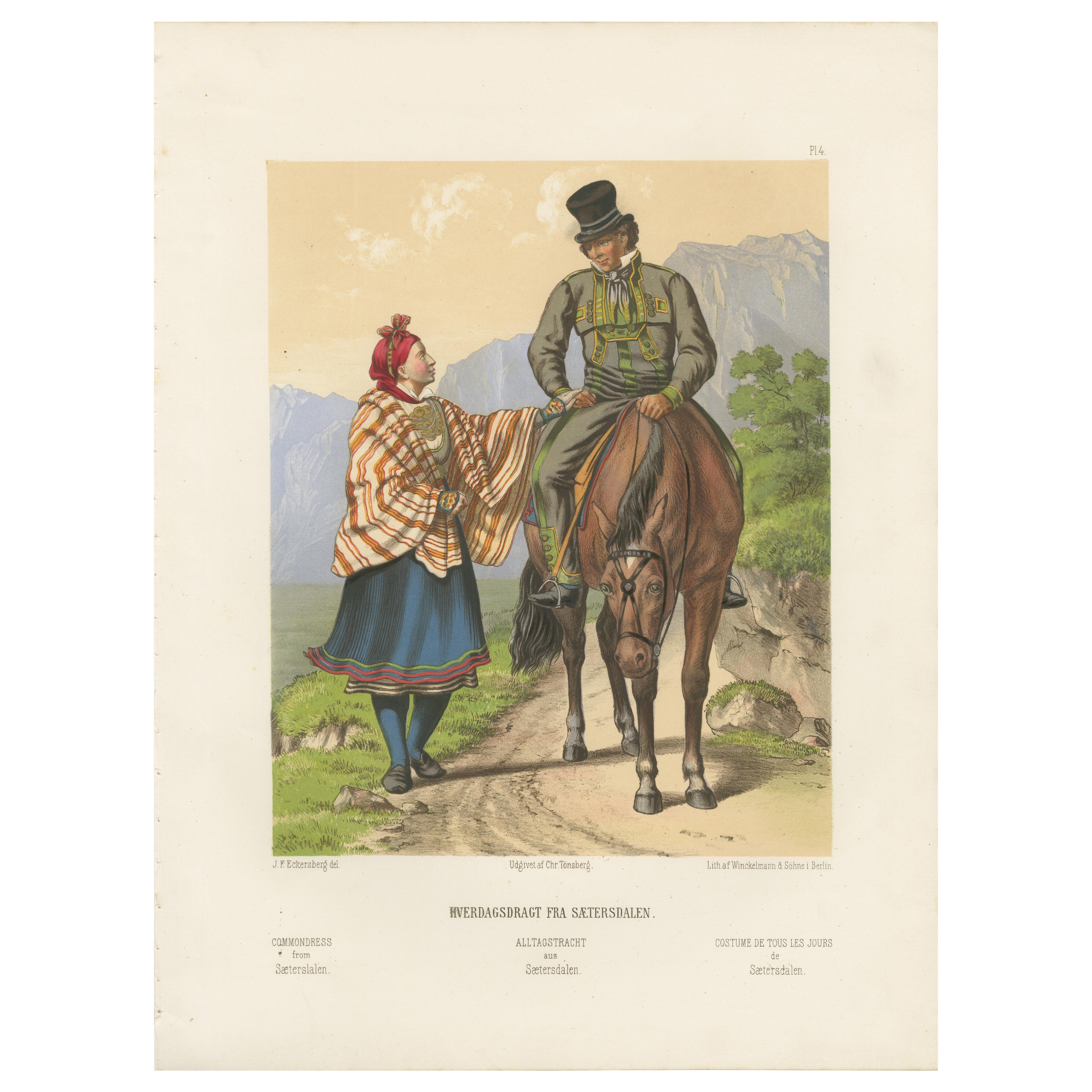Setesdal Traditional Dress – Daily Wear from Norway, Antique Lithograph, c.1860