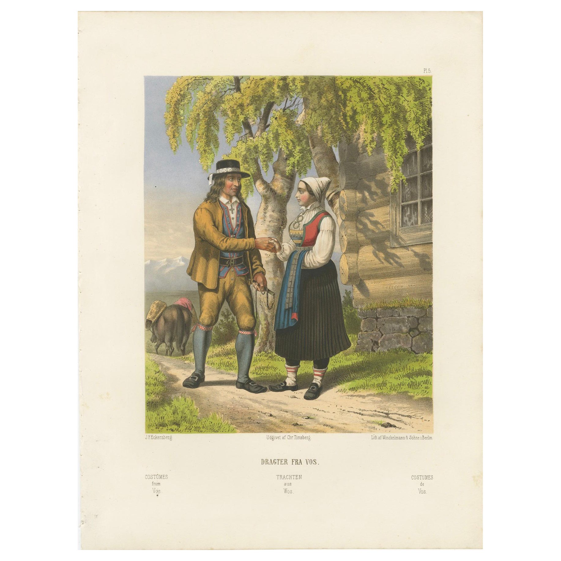 Norwegian Country Attire – Vos Folk Dress, Antique Chromolithograph, c.1860