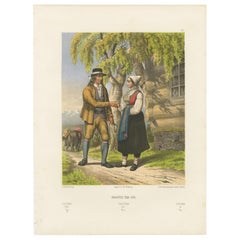Norwegian Country Attire – Vos Folk Dress, Antique Chromolithograph, c.1860