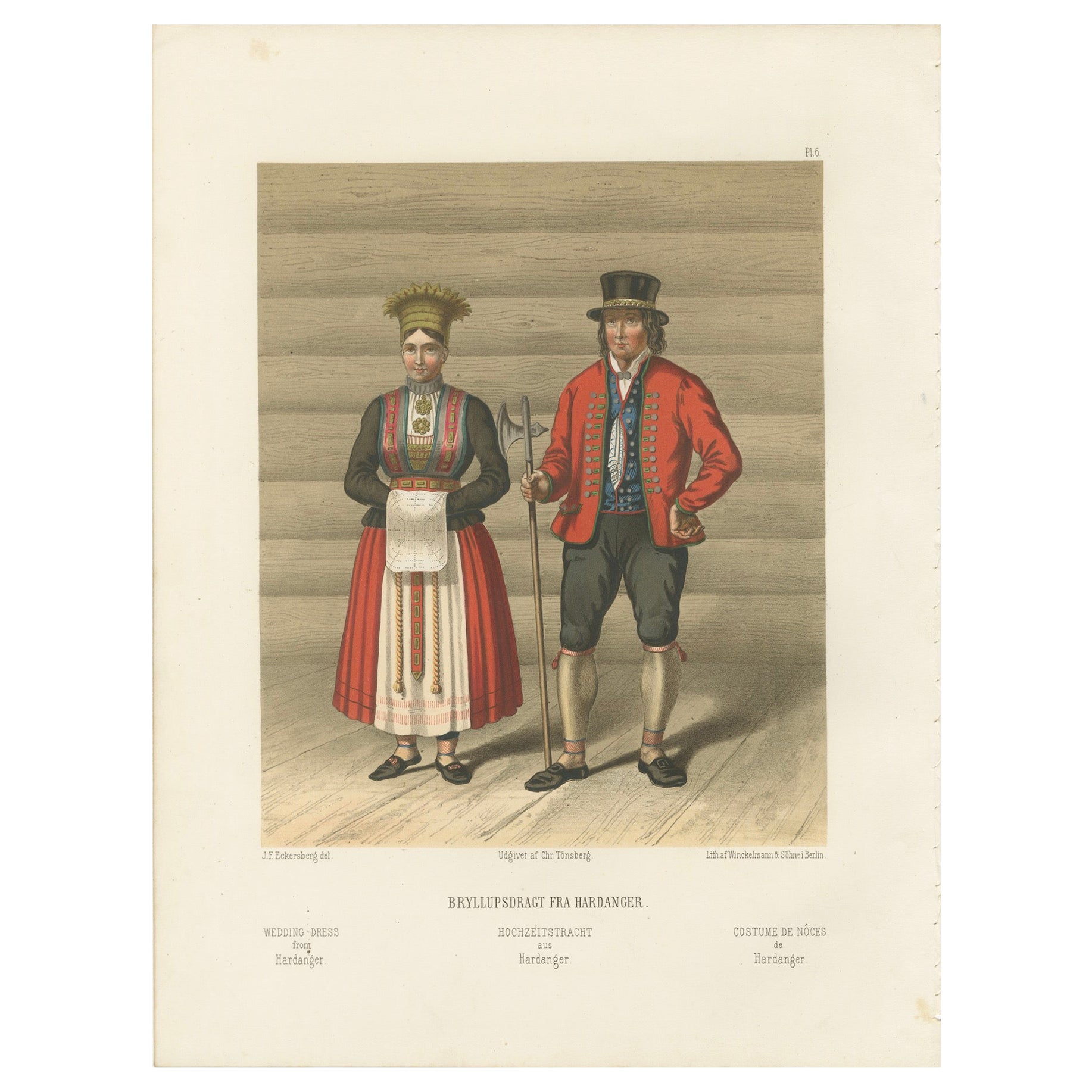 Norwegian Bride and Groom in Hardanger Dress – Antique Print, 1860s