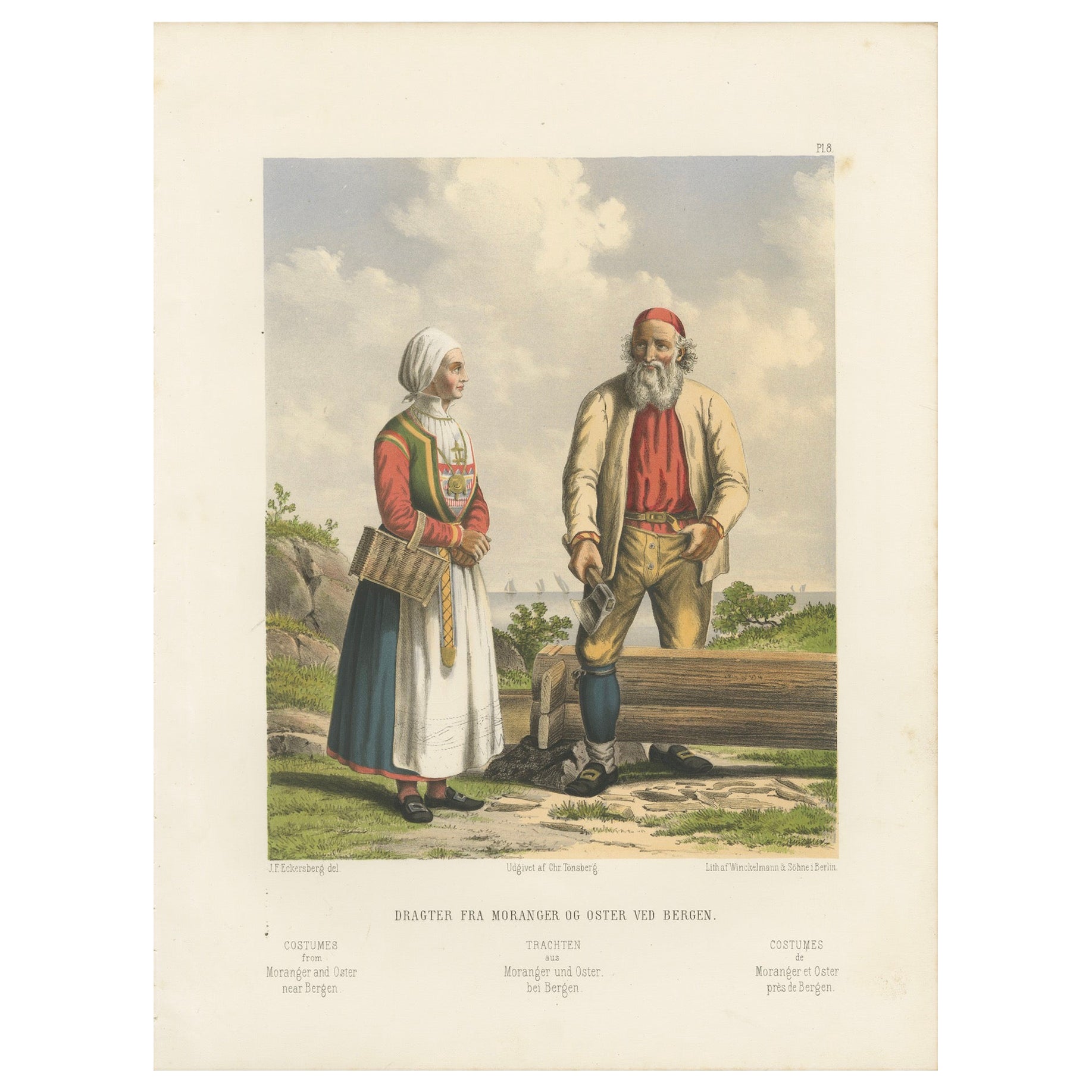 Folk Costumes near Bergen – Moranger and Oster Couple, 19th Century Print
