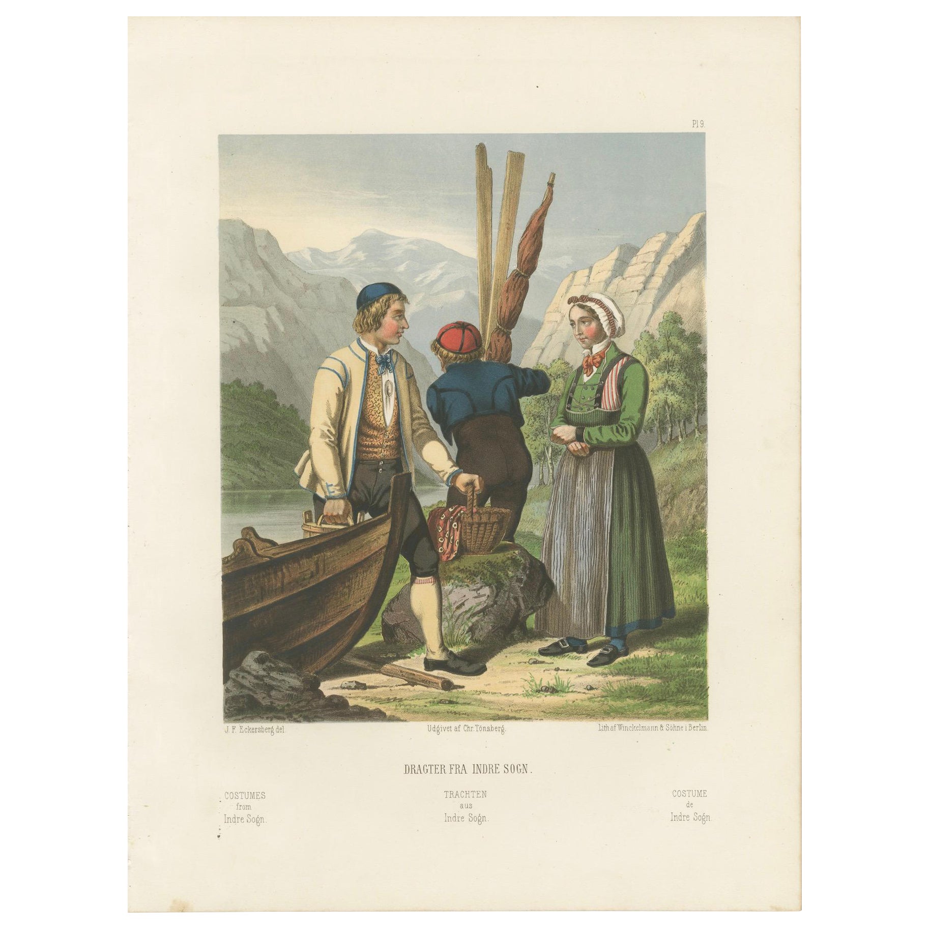 Norwegian Boatmen and Women in Sogn Costume – Scenic Folk Illustration, c.1860