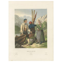 Antique Norwegian Boatmen and Women in Sogn Costume – Scenic Folk Illustration, c.1860