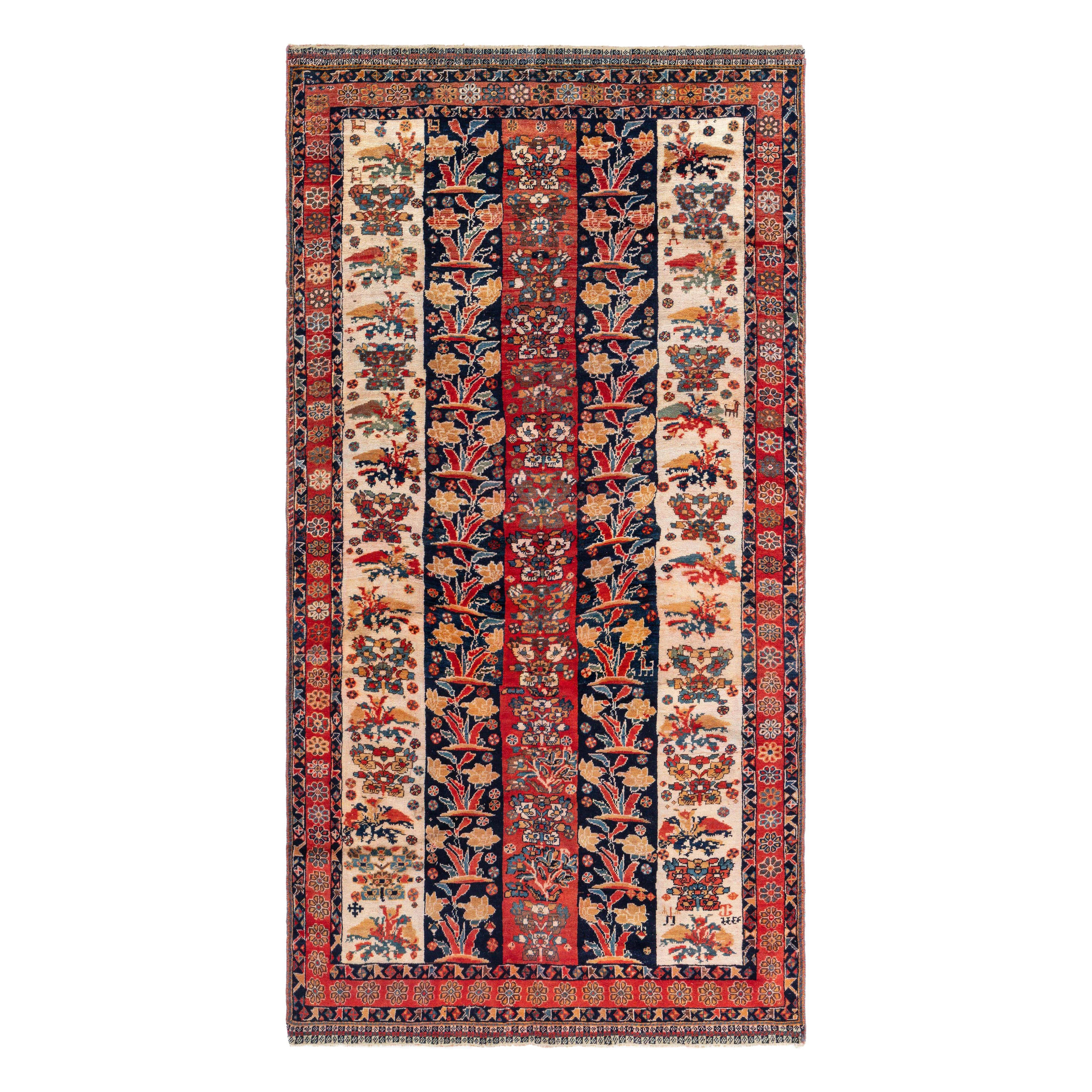Doris Leslie Blau Antique Persian Shiraz Red Black Handmade Wool Rug For Sale