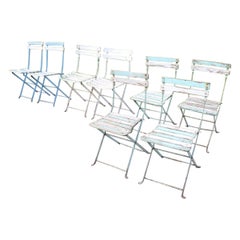 Set of 8 French Bistro Garden Folding Chairs in Iron and Wood Slats