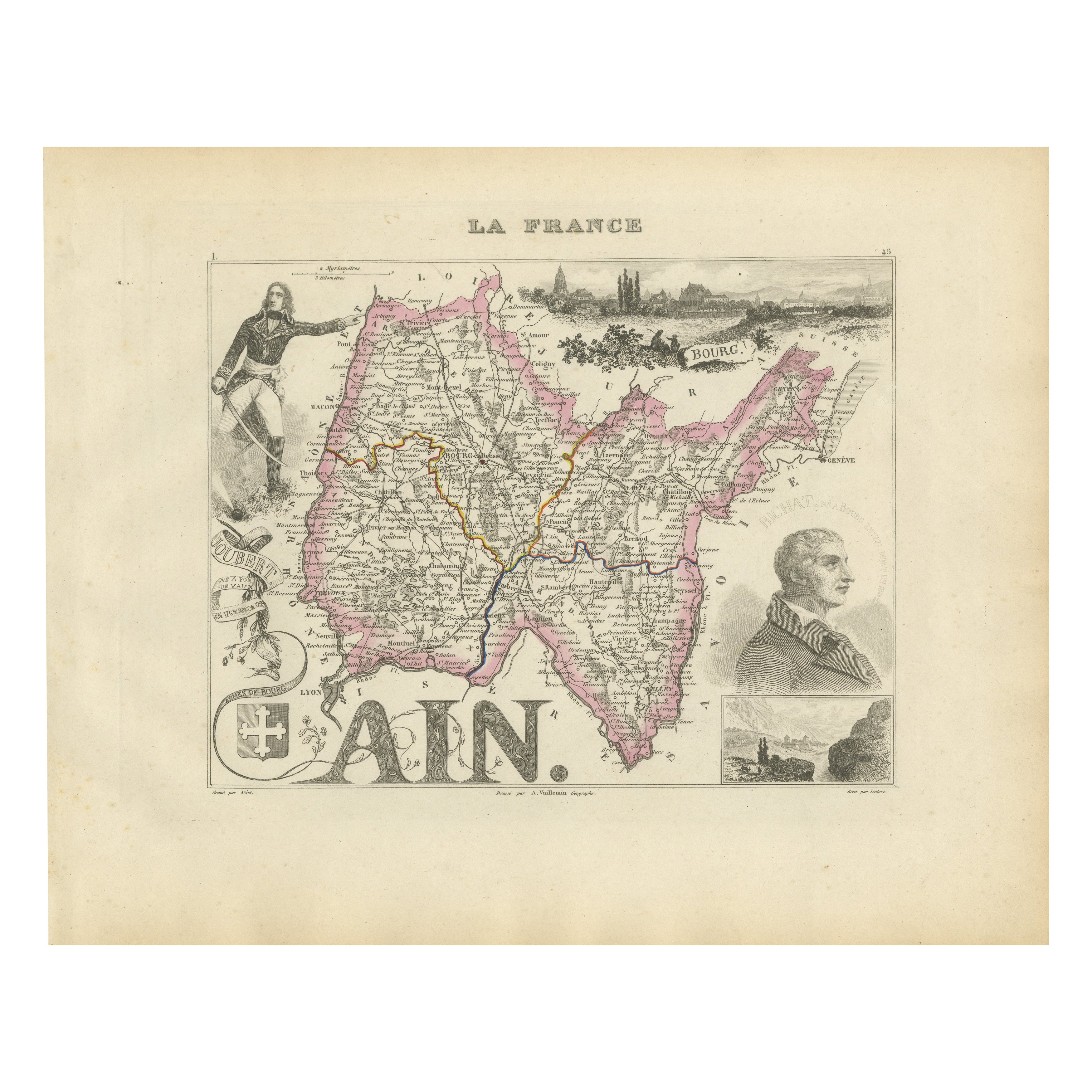 Map of Ain France with Vineyards of Bugey and Notable Portraits, c.1850