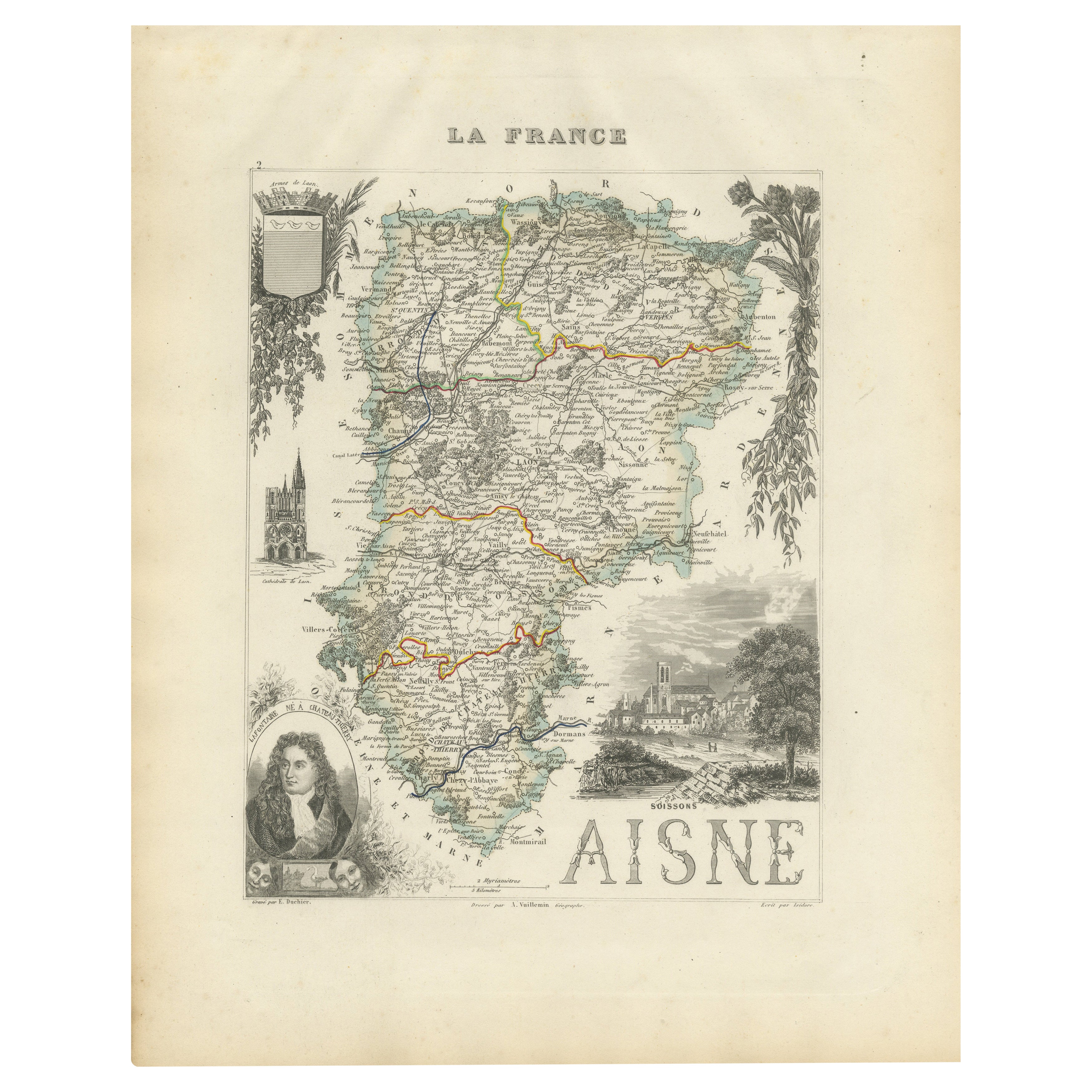 Map of Aisne France with Soissons and Champagne Vineyards by Vuillemin, 19th c