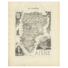 Map of Aisne France with Soissons and Champagne Vineyards by Vuillemin, 19th c