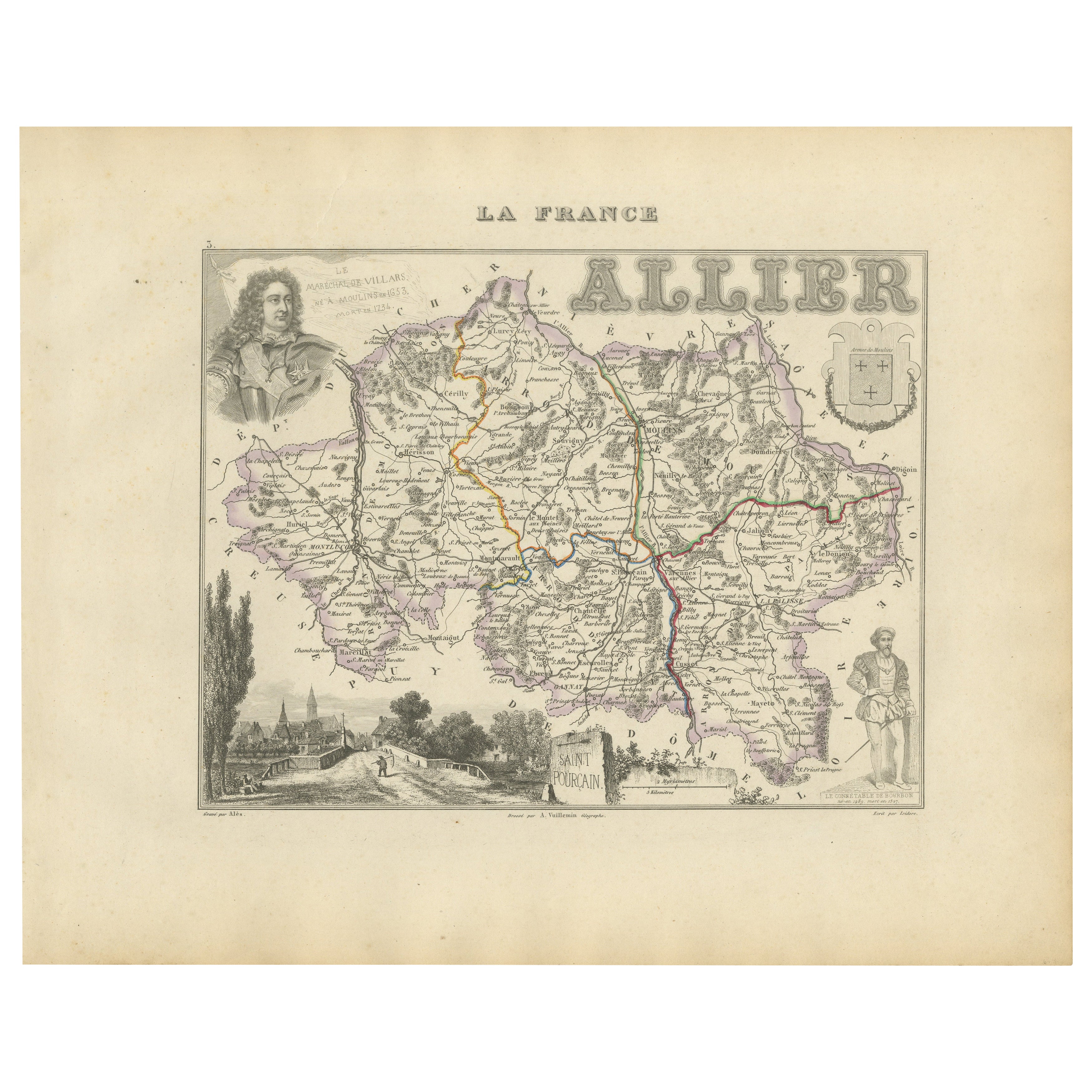 Map of Allier France with Saint-Pourçain Wine Region by Vuillemin, 19th c