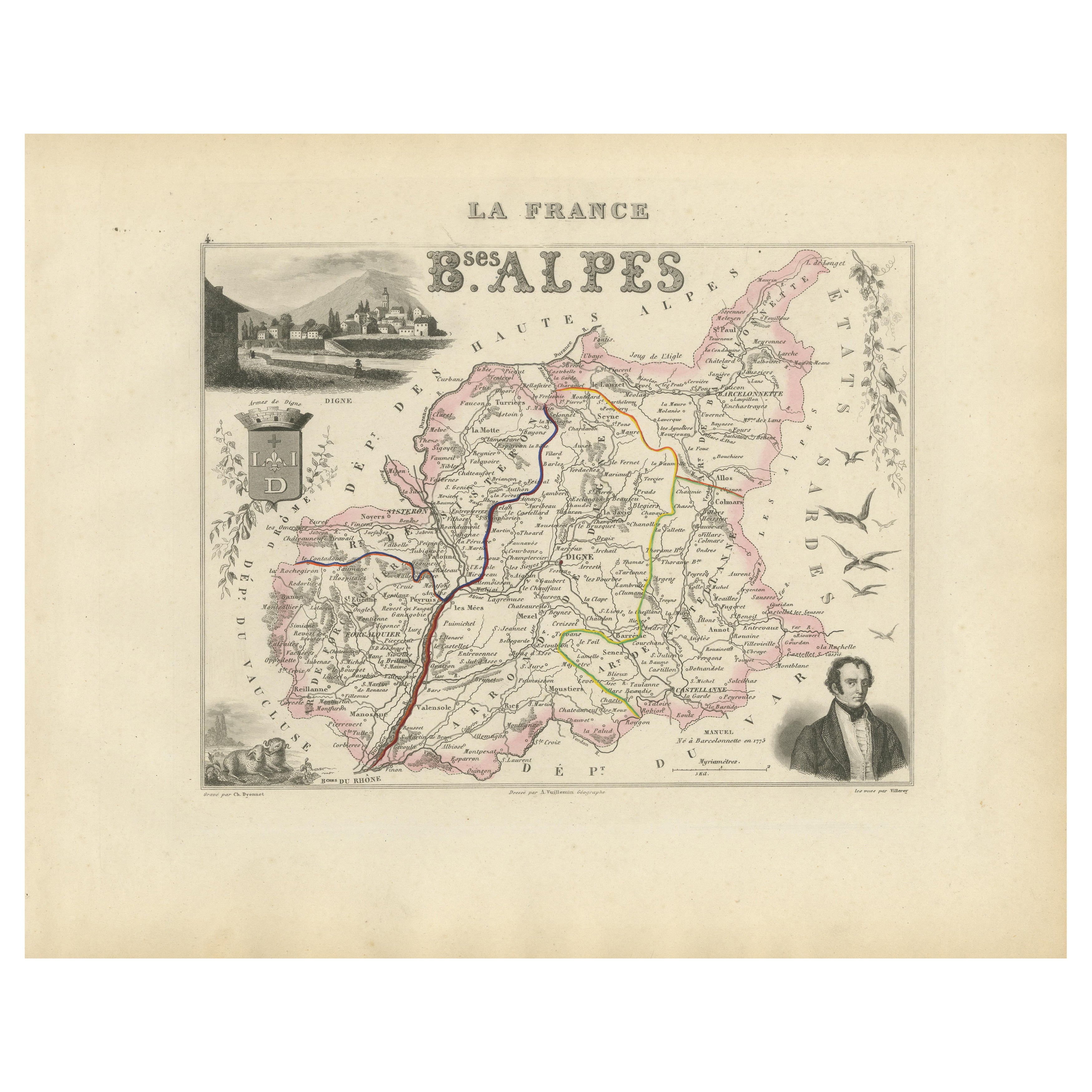 Map of Basses-Alpes France with Digne and Lavender Region by Vuillemin, c.1850