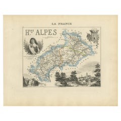 Map of Hautes-Alpes France with Gap and Alpine Scenery by Vuillemin, c.1850