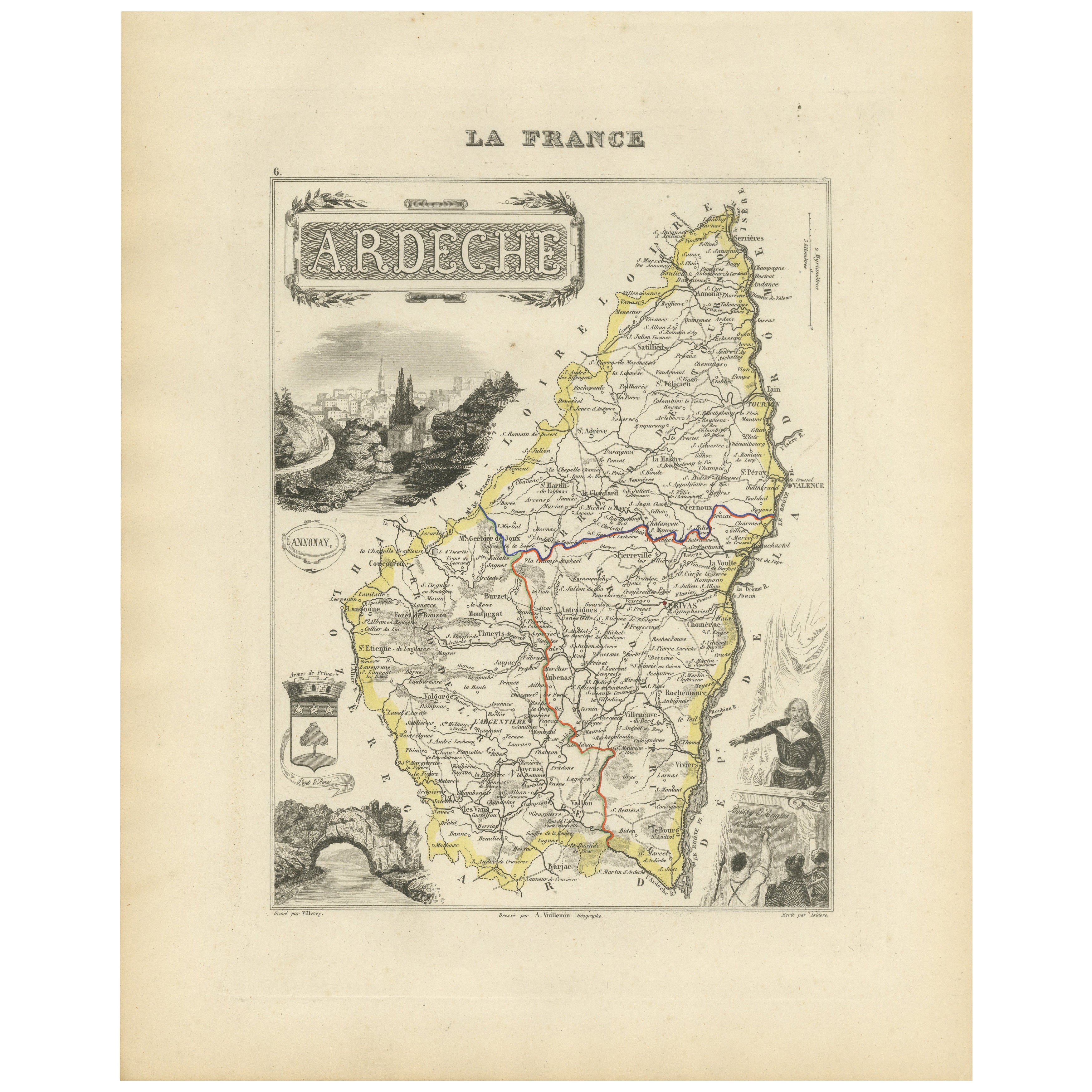 Map of Ardèche France with Annonay and Vineyards by Vuillemin, 19th c