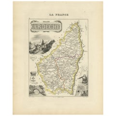 Map of Ardèche France with Annonay and Vineyards by Vuillemin, 19th c