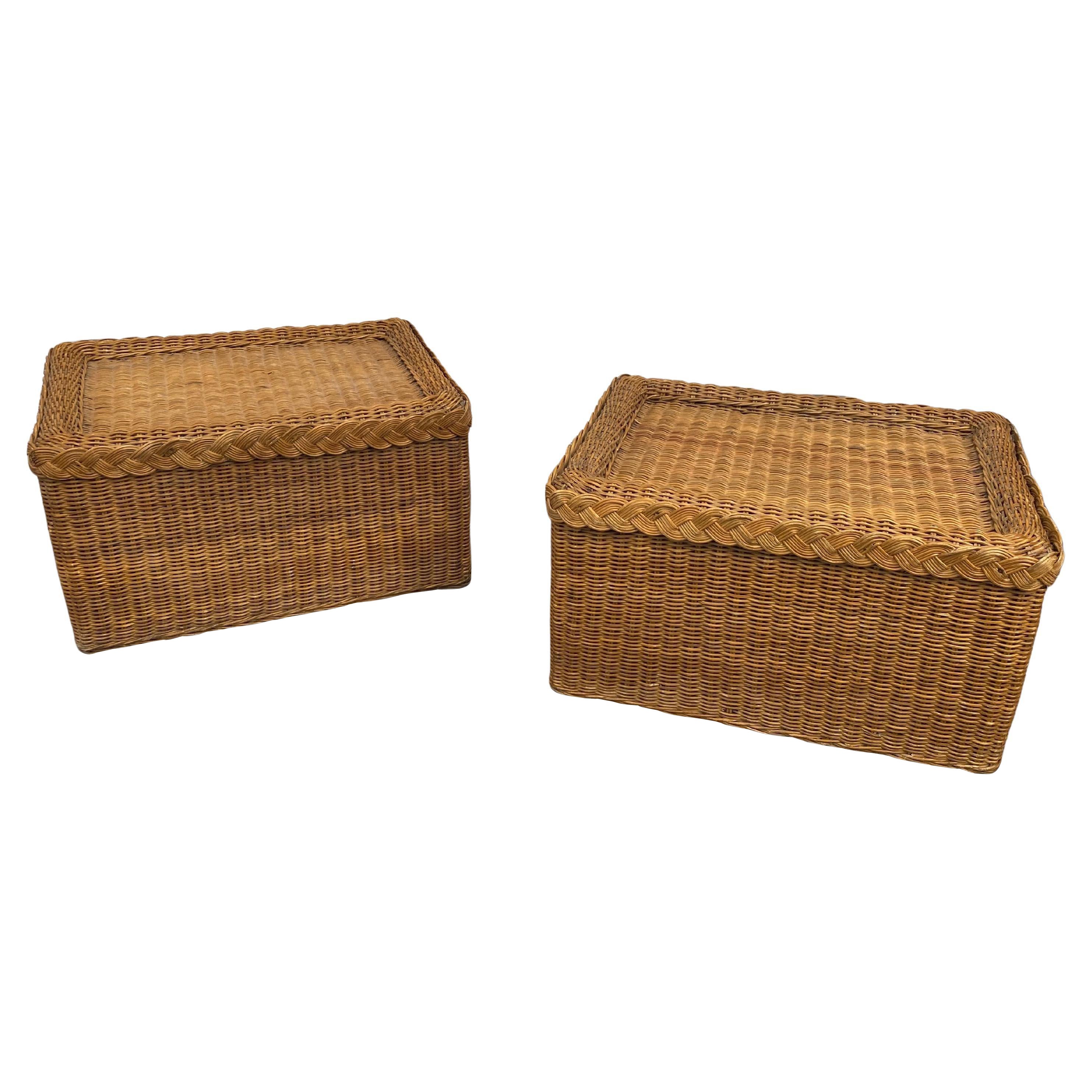 Palm Regency Style Braided Wicker Rattan Ottoman Benches, Pair